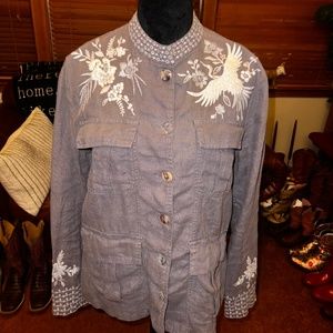 Johnny Was Workshop Button Up Shirt Embroidered Linen Gray Sz S